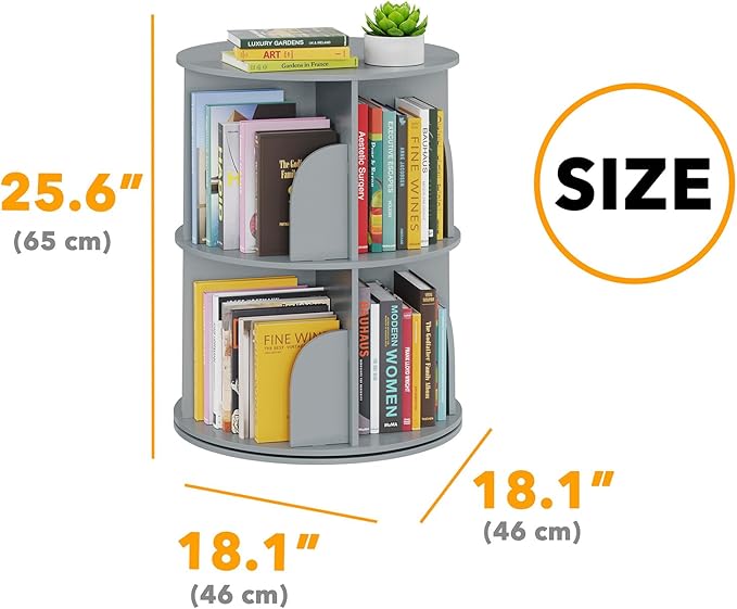 SpaceAid 2 Tier Rotating Bookshelf Tower, Spinning Bookcase Lazy Susan, Revolving 360 Book Shelf Storage Round Carousel, Vertical Rotate Turning Spiral Corner Organizer, Gray
