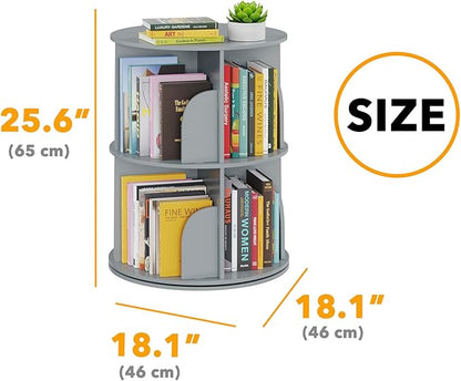 SpaceAid 2 Tier Rotating Bookshelf Tower, Spinning Bookcase Lazy Susan, Revolving 360 Book Shelf Storage Round Carousel, Vertical Rotate Turning Spiral Corner Organizer, Gray