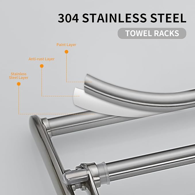 BESy 24 Inch Brushed Nickel Towel Racks, Bathroom Towel Shelf with Foldable Towel Bar Holder and Towel Hooks, Wall Mounted Multifunctional Bathroom Accessories, Double Towel Bars
