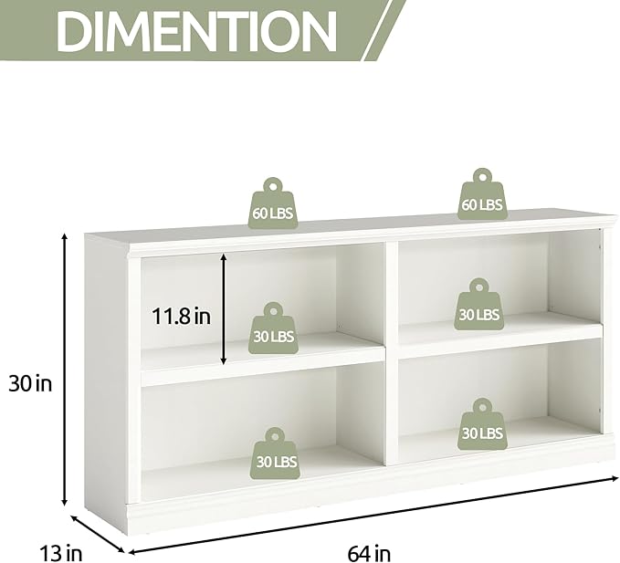 blini White Bookshelf Double Wide 64“ 2-Tier Bookcase 4 Cube Storage Organizer Wooden Bookcases for Bedroom and Home Office Decor Display
