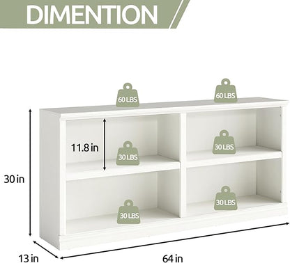 blini White Bookshelf Double Wide 64“ 2-Tier Bookcase 4 Cube Storage Organizer Wooden Bookcases for Bedroom and Home Office Decor Display