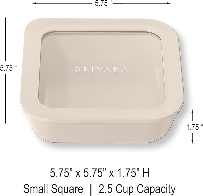 BRIVARA HOME Ceramic Coated Glass Food Storage Container | No PTFE, PFOA, PFAS, and BPA | Reusable Non Toxic Meal Prep Container with Glass Lid | Easy To Store | 2.5 Cup Square [Crema]