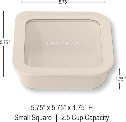 BRIVARA HOME Ceramic Coated Glass Food Storage Container | No PTFE, PFOA, PFAS, and BPA | Reusable Non Toxic Meal Prep Container with Glass Lid | Easy To Store | 2.5 Cup Square [Crema]