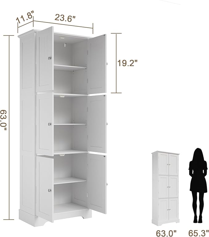 ChooChoo Tall Bathroom Storage Cabinet with 6 Doors, Freestanding Floor Cabinet with Adjustable Shelves, White Pantry Cabinet for Bathroom, Kitchen, Laundry Room