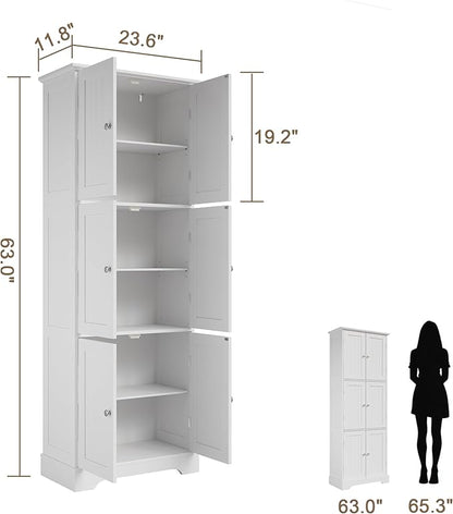 ChooChoo Tall Bathroom Storage Cabinet with 6 Doors, Freestanding Floor Cabinet with Adjustable Shelves, White Pantry Cabinet for Bathroom, Kitchen, Laundry Room