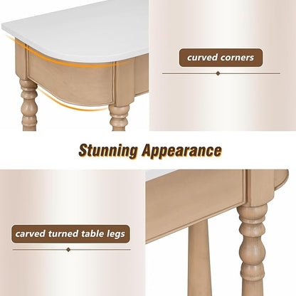HMFULE Retro Curved Console Table, 36" Solid Wood Half Moon Console Table Sofa Table Entryway Table with 1 Drawer 1 Open Shelf Roman Legs Curved Corners for Living Room,Entryway,Hallway,White+Beige