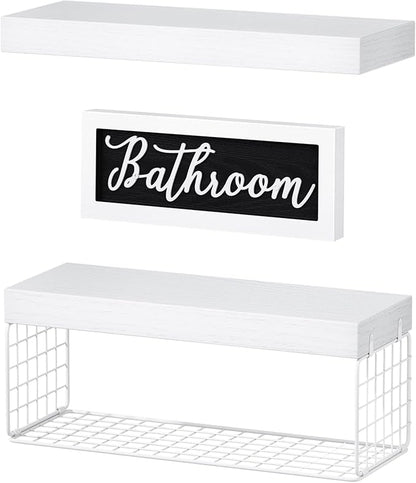 QEEIG ‎Bathroom Shelves Over Toilet - Paper Storage Wall Mounted Farmhouse Decor Decorations Aesthetic Décor Sign Small Floating Shelf 2+1 Set 16 inch, White (020WW)