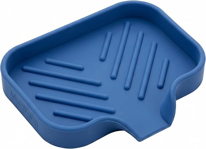 MicoYang Silicone Soap Dish with Drain Spout, Self-Draining Sink Organizer Tray for Bathroom & Kitchen, Sponges, Dispensers & Soap Holder, Non-Slip & Dishwasher Safe, Lichen Blue (Compact, 4.9"×3.2")