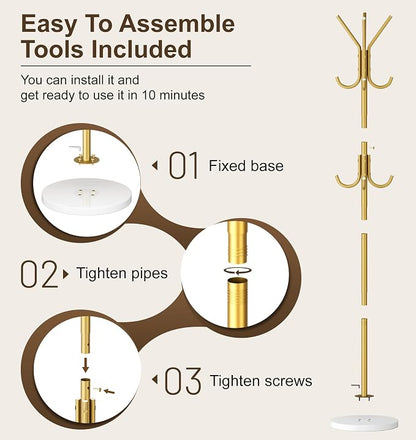 MISSLO Heavy Duty Coat Rack Freestanding with Stable Wood Base Modern Gold Coat Tree with 12 Hooks Adjustable Coats Hanger Stand Stylish Standing Clothes Tree for Entryway Bedroom Corner Hall