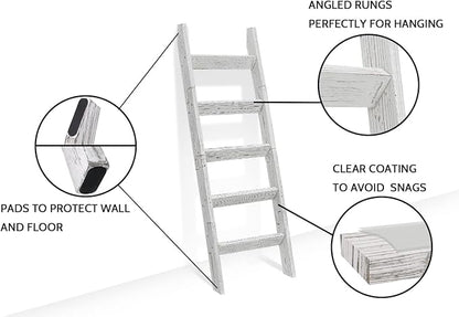 FUIN 5ft Wood Blanket Ladder Living Room Decorative Wall Leaning Farmhouse Quilt Display Holder Storage Wooden Towel Rack for Bathroom, Rustic White