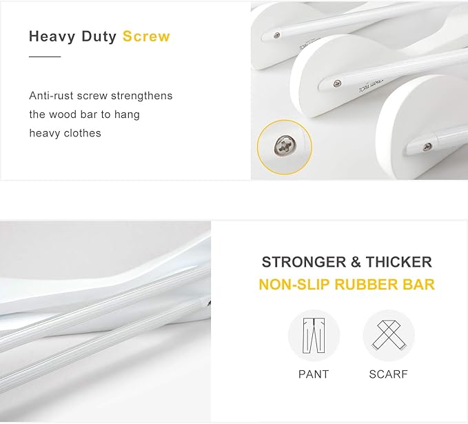 TOPIA HANGER White Wooden Coat Hanger 6 Pack, Wood Suit Hangers,Glossy Finish with Extra-Wide Shoulder, Thicker White Hooks & Anti-Slip Bar,Suitable for Coat, Suit,Dress,Jacket,Heavy Cloth - CT02W