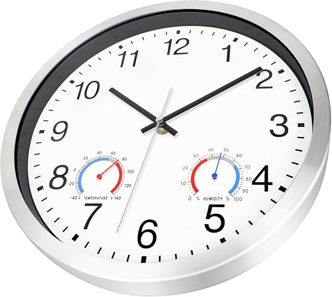 Caysie 12 Inch Sealed Indoor Outdoor Clocks Waterproof with Thermometer and Hygrometer Combo, Silent Battery Operated Quartz Wall Clock for Patio Pool Bathroom Outside Home (Silver)