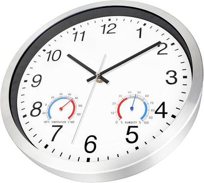 Caysie 12 Inch Sealed Indoor Outdoor Clocks Waterproof with Thermometer and Hygrometer Combo, Silent Battery Operated Quartz Wall Clock for Patio Pool Bathroom Outside Home (Silver)