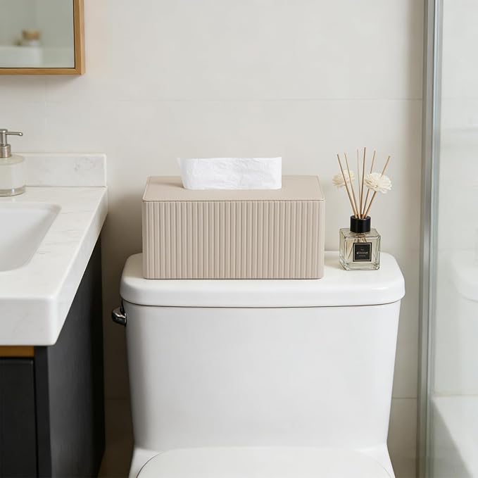 MEIBOOCH PU Leather Tissue Box Cover for 120(3-Ply)/ 160(2-Ply) Count Box of Tissues, Rectangle Tissue Box Holder for Bathroom Bedroom Living Room Office (Beige Stripe)