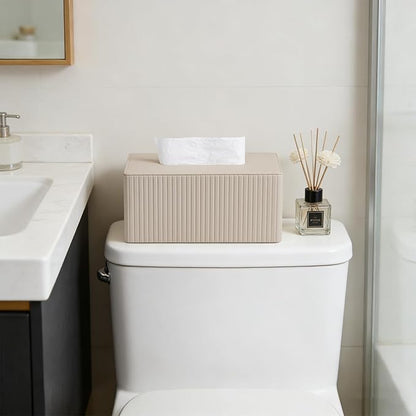 MEIBOOCH PU Leather Tissue Box Cover for 120(3-Ply)/ 160(2-Ply) Count Box of Tissues, Rectangle Tissue Box Holder for Bathroom Bedroom Living Room Office (Beige Stripe)