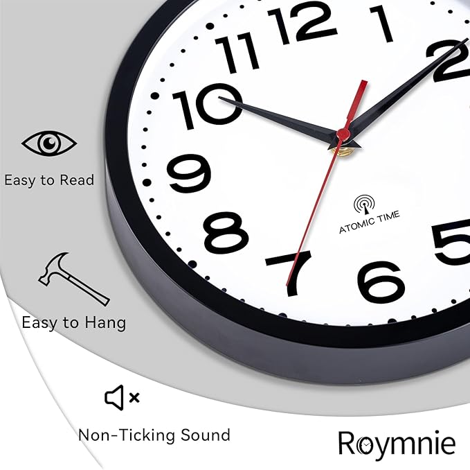 Roymnie Atomic Wall Clock 10 Inch, Modern Clock Battery Operated Classic Analog Decorative for Kitchen, Living Room, Office, Bedroom, Bathroom (Black)