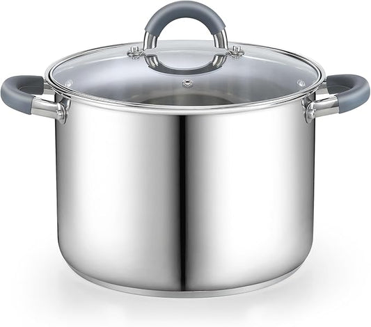 Cook N Home Basics 12 Quart Stainless Steel Stock Pot with Lid, Cooking Pot for Pasta, Soup, Stay-Cool Silicone Handle, Stockpot with Even Heating, Oven Safe, Cookware for Canning, Boiling, Simmer