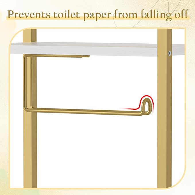 Freestanding Toilet Paper Holder with Storage Shelf – Bathroom Tissue Stand with Space for Phone, Rolls, and Magazines – All-in-One Toilet Roll Dispenser and Organizer (Gold)