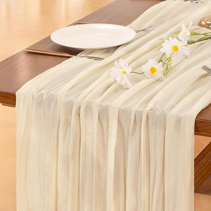 Socomi Beige Valentine's Day Cheesecloth Table Runner Boho Rustic Gauze 120 inch 10FT Cheese Cloth Runner for Wedding Party Baby Shower Birthday Home Decor Holiday Decorations