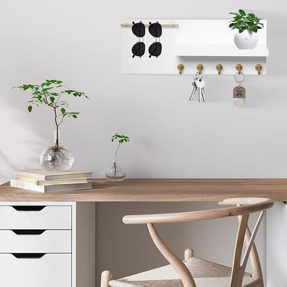 SANY DAYO HOME Real Wood Key Holder Rack Wall Mount 16 x 6 inches White and Gold Entryway Shelf with 5 Hooks, Metal Sunglass Bar, and Floating Board for Keychain, Purse