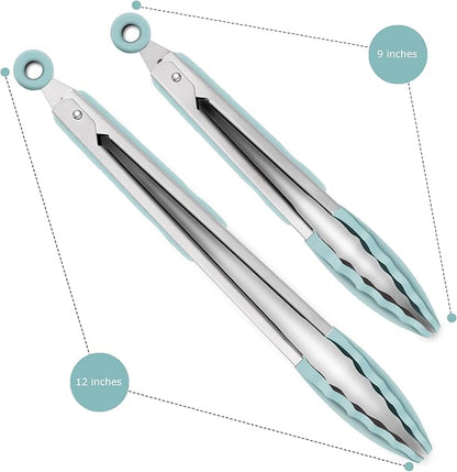 2 Pack Silicone Kitchen Tongs – 9" & 12" Set, Heat Resistant up to 500°F, Non‑Stick Cookware Safe, Wavy Silicone Tips, BPA Free, Locking Clip & Hanging Loop, Aqua Sky