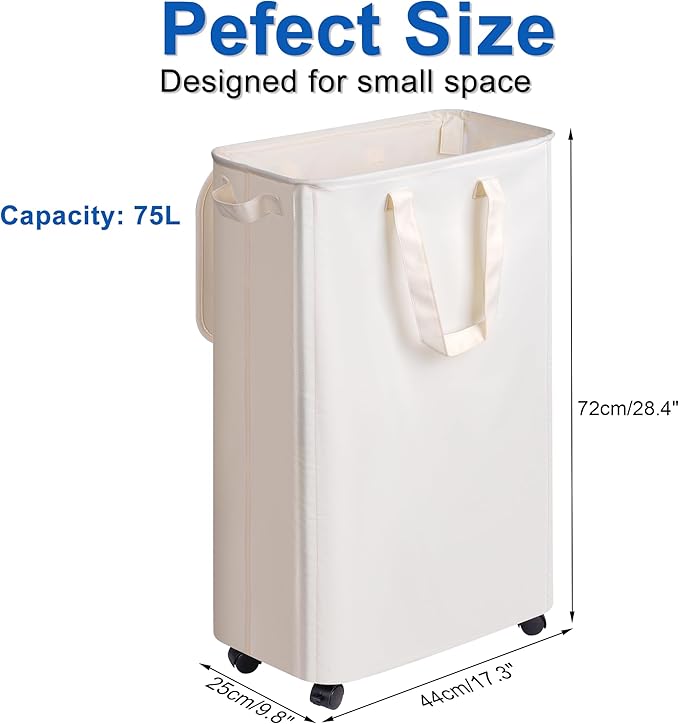 Vincona Slim Laundry Hamper with Lid and Wheels, Small Rolling Laundry Basket with Handle for Small Spaces, Tall Dirty Clothes Hampers for Dorm, Bathroom and Bedroom, 75L, Beige