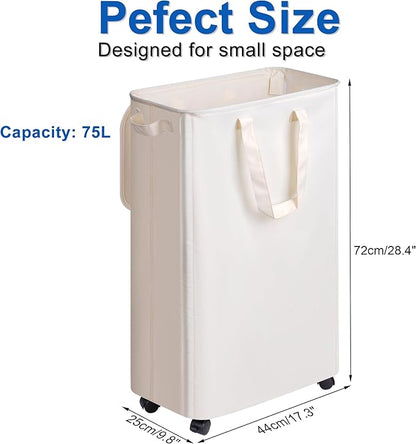 Vincona Slim Laundry Hamper with Lid and Wheels, Small Rolling Laundry Basket with Handle for Small Spaces, Tall Dirty Clothes Hampers for Dorm, Bathroom and Bedroom, 75L, Beige