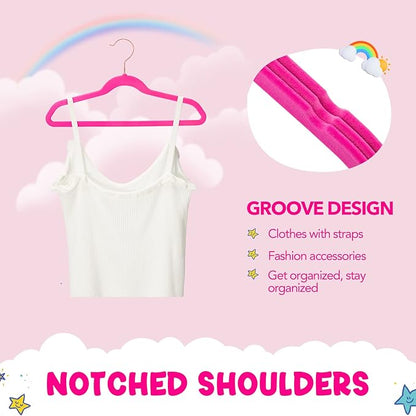 HOUSE DAY Velvet Kids Hangers 60 Pack, Premium Childrens Hangers for Closet, Ultra Thin Cute Clothes Hanger, Non Slip Small Felt Hanger 14 Inch for Kids Clothes, Hot Pink