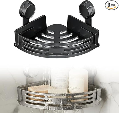 Triangle Suction Cup Corner Shelves No Drilling Bathroom Storage Rack, 2026 New Corner Shower Shelf Suction Cup Shower Caddy Corners Organizer Storage Rack Adhesive with Towel Bar (Black single-layer)
