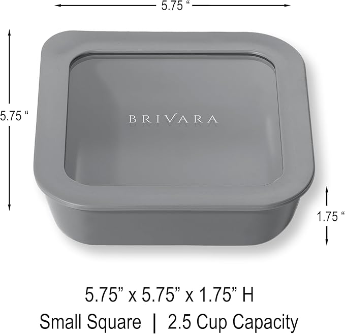 BRIVARA HOME Ceramic Coated Glass Food Storage Container | No PTFE, PFOA, PFAS, and BPA | Reusable Non Toxic Meal Prep Container with Glass Lid | Easy To Store | 2.5 Cup Square [Smoke]