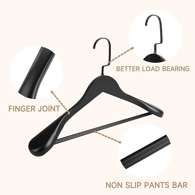 17.5" Wooden Suit Hangers with Non Slip Pants Bar, 12-Pack Wood Extra-Wide Shoulder Hangers with Flat-Head Hook for Suits, Coats, Jackets, Shirts, Pants, Heavy Clothes (Black)