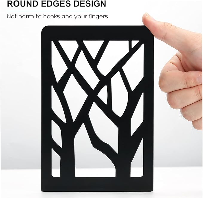 MaxGear Book Ends Tree Design Modern Bookends for Shelves, Non-Skid Bookend, Heavy Duty Metal Book Stopper for Books/CDs, Decorative Books Shelf Home, 7 x 4.7 x 3.5”, Black, 8 Pair/16 Pieces, Large