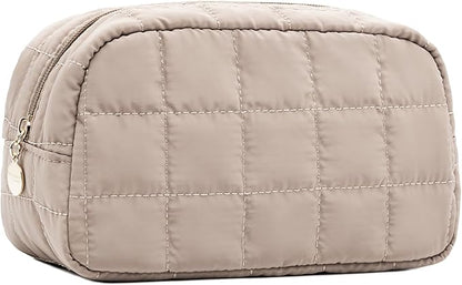 Makeup Bag for Women, Travel Cosmetic Bag Organizer with Compartments, Quilted Puffy Toiletry Pouch for Brushes, Essentials and Accessories, Camel