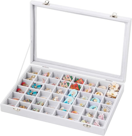Frebeauty 48 Grid Jewelry Tray,Adjustable Earring Holder Organizer with Glass Lid,Velvet Drawer Jewelry Organizer for Rings,Studs,13.8 x 9.5 x 2 Inches Jewelry Display Box,Gift for Women(White)