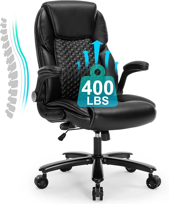 Big and Tall Office Chair, Executive Comeputer Desk Chair Ergonomic Home Office Chair with Adjustable Lumbar Support, Tilt Lock, PU Leather, Swivel Rolling Chair (PU-Black)