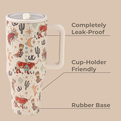 HydroJug Traveler - 40 oz Water Bottle with Handle & Flip Straw - Fits in Cup Holder, Leak Resistant Tumbler-Reusable Insulated Stainless Steel & Rubber Base - Gifts for Women & Men, Rodeo