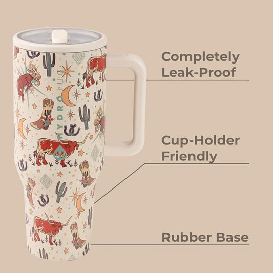 HydroJug Traveler - 40 oz Water Bottle with Handle & Flip Straw - Fits in Cup Holder, Leak Resistant Tumbler-Reusable Insulated Stainless Steel & Rubber Base - Gifts for Women & Men, Rodeo