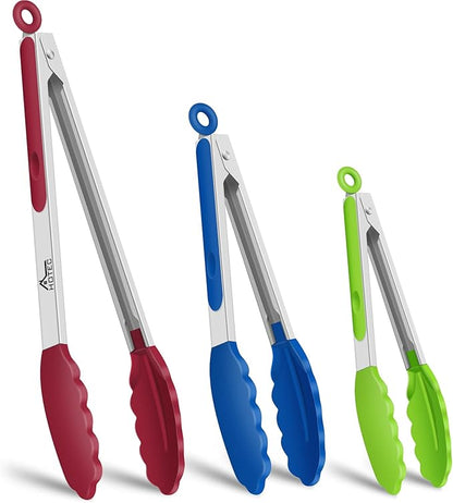 Hotec Premium Stainless Steel Locking Kitchen Tongs with Silicon Tips, Set of 3-7", 9" and 12" multicolor