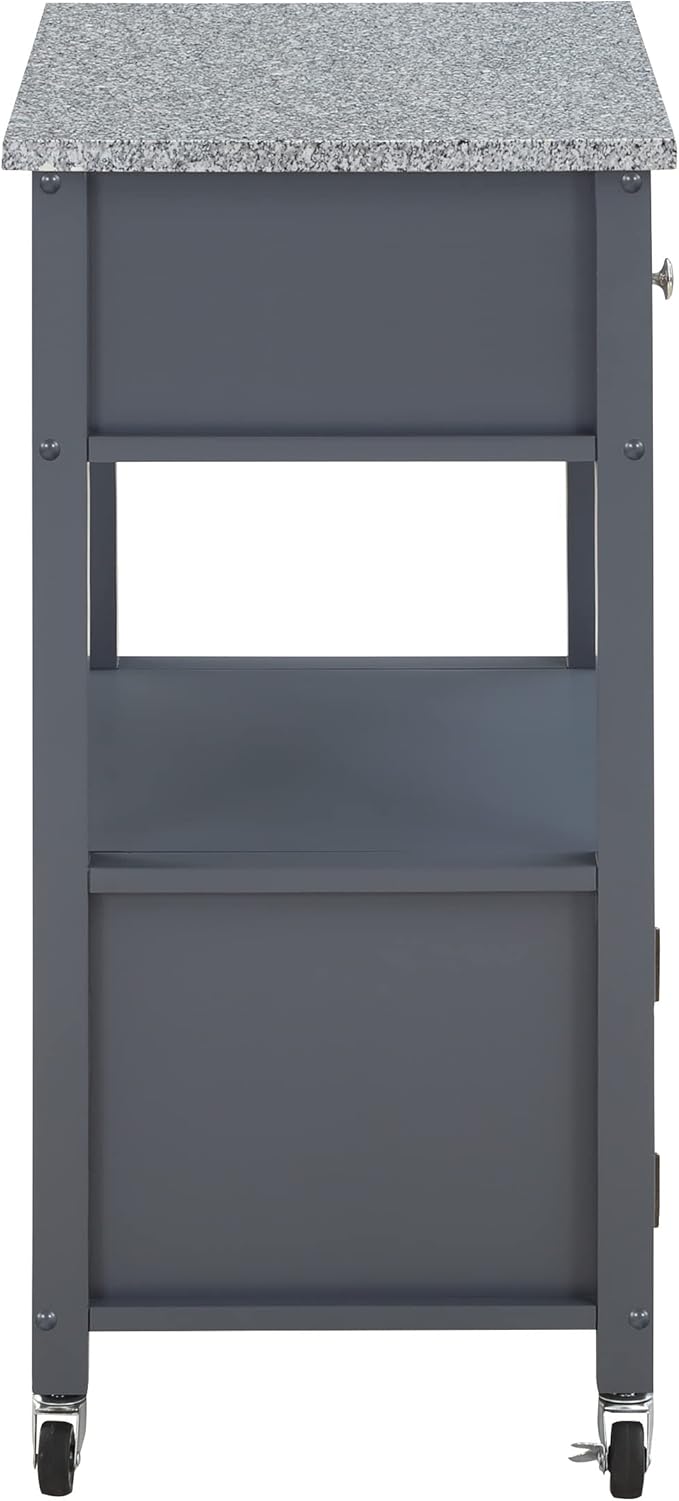 OSP Home Furnishings Fairfax Farmhouse Kitchen Cart with Granite Top, Rolling Storage Cabinet with Towel Rack, Shelf and Drawer, Grey Finish