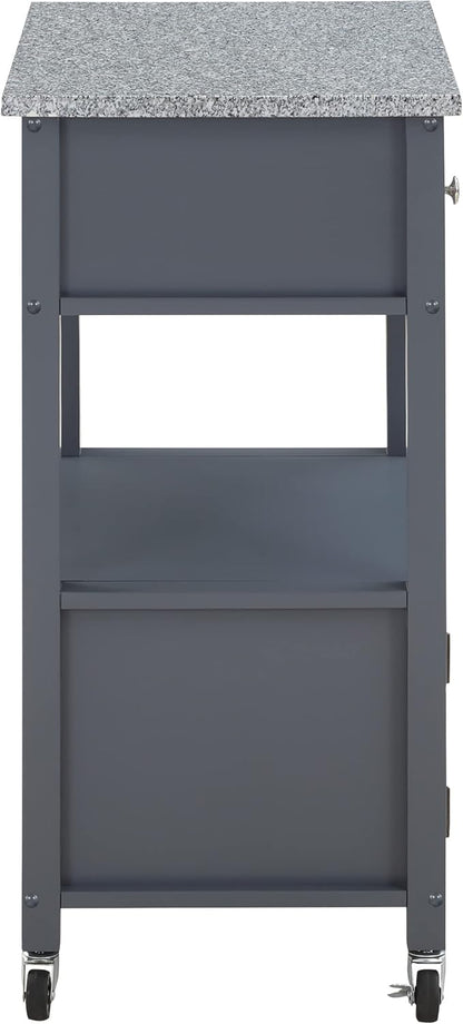OSP Home Furnishings Fairfax Farmhouse Kitchen Cart with Granite Top, Rolling Storage Cabinet with Towel Rack, Shelf and Drawer, Grey Finish