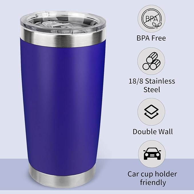 20oz Stainless Steel Tumbler Bulk with Lid, Travel Mug - Double Wall Vacuum Powder Coated Cup - Dark Blue, 12 Pack