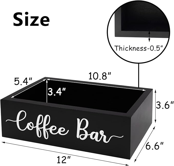 Coffee Station Organizer Coffee Bar Wood Countertop Accessories for Home Office Kitchen Countertop Organizer Condiment Station Storage Farmhouse Coffee Bar Decor 12"L x 6.6"W x 3.6"H, Black