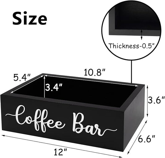 Coffee Station Organizer Coffee Bar Wood Countertop Accessories for Home Office Kitchen Countertop Organizer Condiment Station Storage Farmhouse Coffee Bar Decor 12"L x 6.6"W x 3.6"H, Black