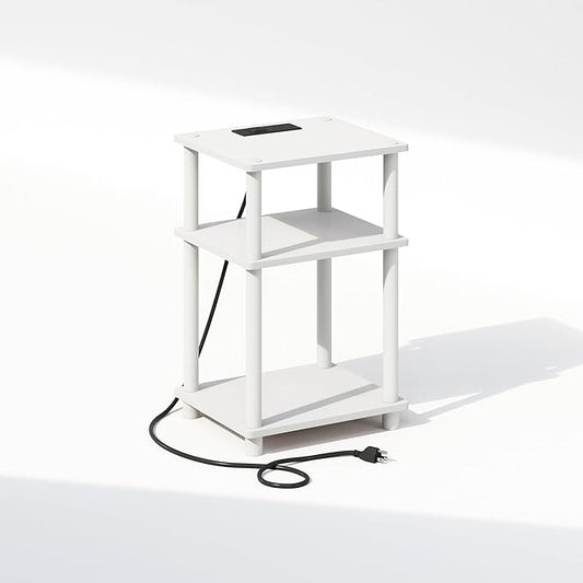 Furinno JUST Night Stand, 3-Tier Turn-N-Tube Nightstand with Charging Station, Bedside Table, End Table, Side Table with USB and Type-C Port, for Bedroom, Closet, Dorm, White