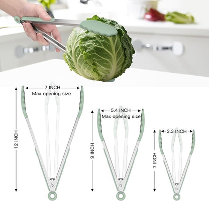 HOTEC Premium Stainless Steel Locking Kitchen Tongs with Silicon Tips, Set of 3-7", 9" and 12" (Light Green)