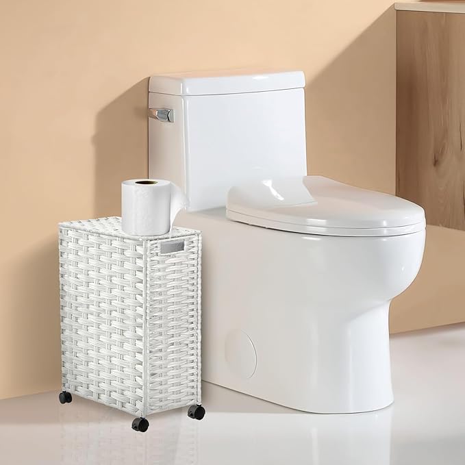 Toilet Paper Storage Basket with Lid and Wheels, Rattan Toilet Paper Holder Storage, Toilet Paper Organizer for Bathroom, Bedroom, Kitchen, 12.6”L x 7.1”W x 17.14”H, White