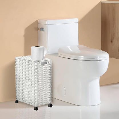 Toilet Paper Storage Basket with Lid and Wheels, Rattan Toilet Paper Holder Storage, Toilet Paper Organizer for Bathroom, Bedroom, Kitchen, 12.6”L x 7.1”W x 17.14”H, White