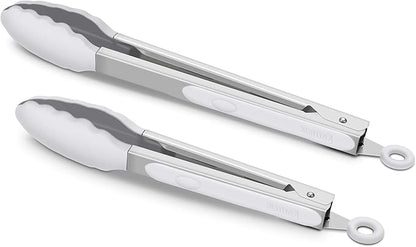 2 Pack Silicone Kitchen Tongs – 9" & 12" Set, Heat Resistant up to 500°F, Non‑Stick Cookware Safe, Wavy Silicone Tips, BPA Free, Locking Clip & Hanging Loop, Light Grey