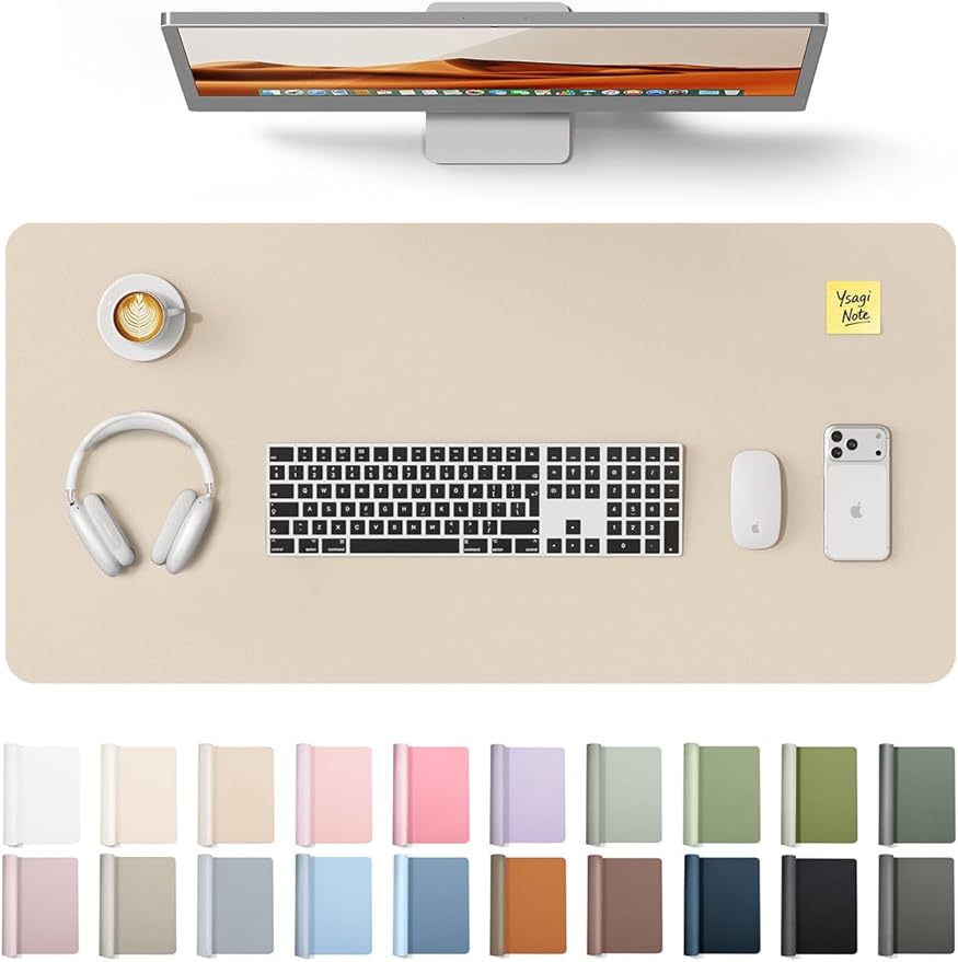 YSAGi Leather Desk Protector, Office Mat, Large Mouse Mat, Non-Slip PU Leather Blotter, Laptop Desk, Waterproof Writing Pad for Office and Home (Eggshell, 35.4" x 17")