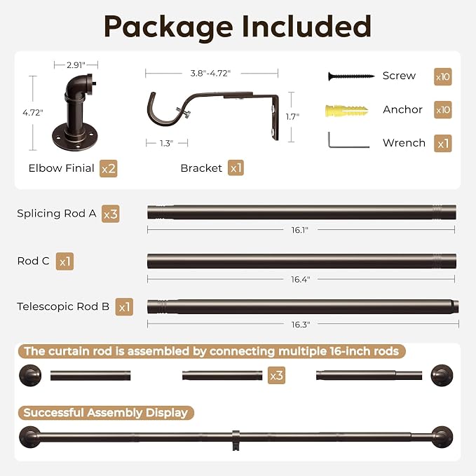 Zeerobee Curtain Rods for Windows 48 to 84, 1 Inch Industrial Wrap Around Antique Bronze Curtain Rod, Indoor/Outdoor Room Divider Adjustable Drapery Pole, 48"-86"